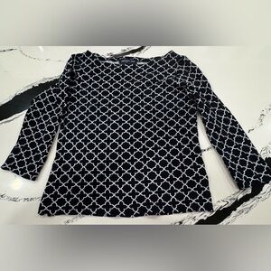 Jones of New York Signature Size Small Blue and White Geometric Cotton Top